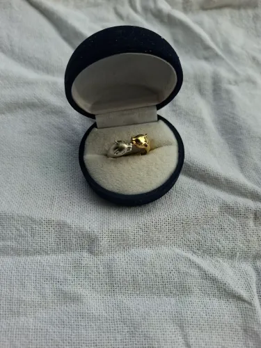Anel de ouro branco e amarelo com desenho de 2 panteras 