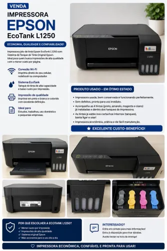 Impressora Epson EcoTank L1250 Wi-Fi | Excelente Estado | Pronta para Uso
