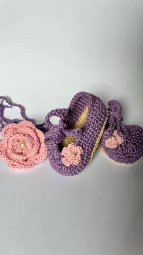 Sapato crochê lilás + Tiara