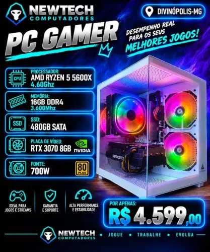 CPU Gamer Ryzen 5 5600X 4.6Ghz / SSD 480Gb / Mem 16Gb / RTX 3070 8Gb (aceito cartão)