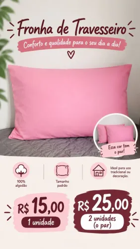 Par de fronhas rosa em algodão nova