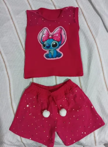 Conjunto Infantil Angel (Stitch) Pink com Tule e Brilho - Tamanho 12 (Novo)