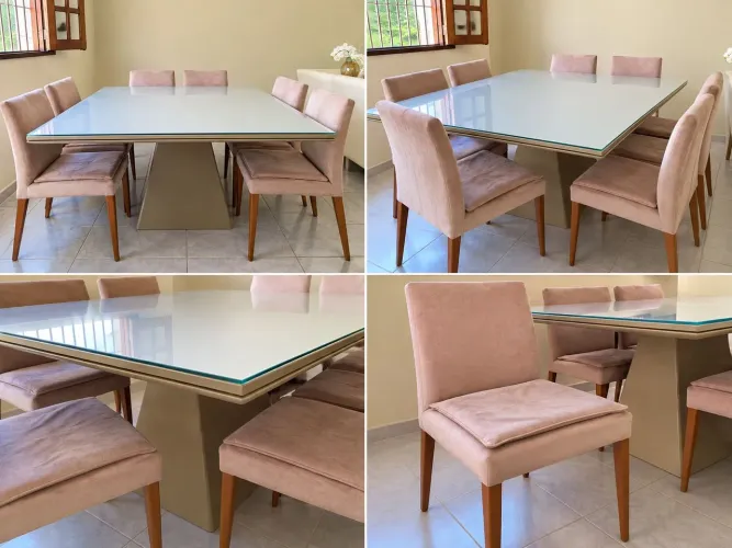 Mesa de Jantar em Laca 1,50 x 1,50 m com 8 Cadeiras - Bom Estado