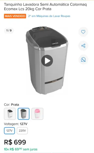 Lavadora Colormaq Ecomax 20kg Prata (127V) - Motivo: Voltagem Errada!