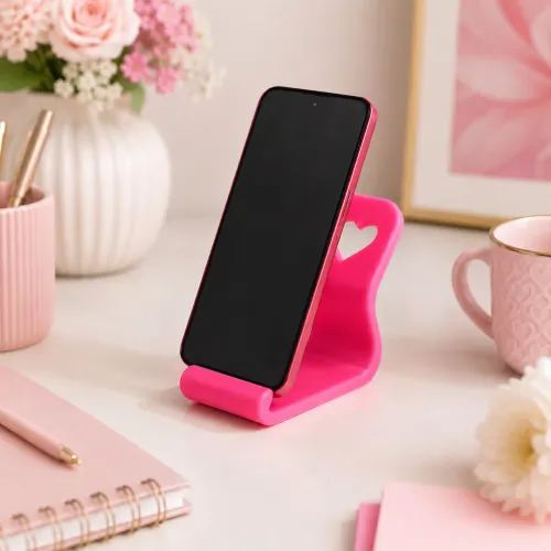 Porta Celular de Mesa Rosa com Coração - Suporte para Celulare