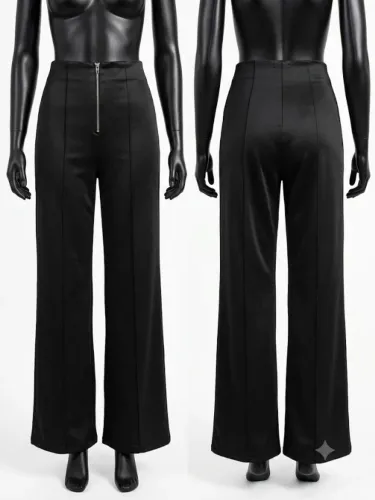 Calça Wide Leg / Flare Preta Marisa - Tamanho P (Com Zíper Frontal e Nervuras)