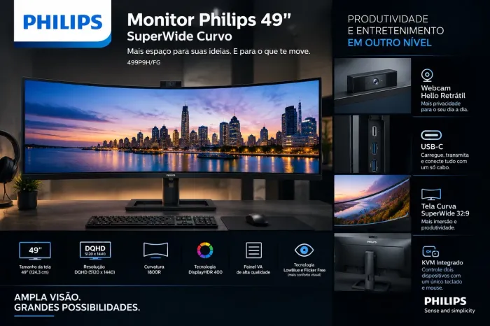 Monitor Philips 49" Superwide Curvo com Hello WEB CAM e USB-C - 499P9H/FG