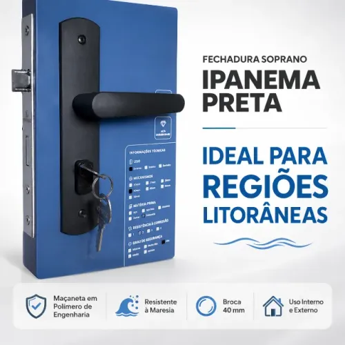 Fechadura Preta para Porta de Madeira Soprano Ipanema Broca 40mm - Promoção