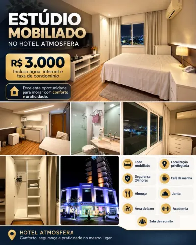 Estúdio Mobiliado no Hotel Atmosfera com Garagem Coberta - R$ 3.000