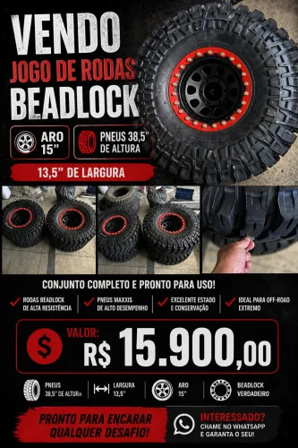 Jogo de Rodas Aro 15 Beadlock + Pneus 38,5x13,5 - Preparação Extrema para Trilha Pesada