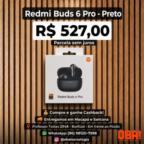 Redmi Buds 6 Pro Preto - Fone Bluetooth com cancelamento de ruído ativo!