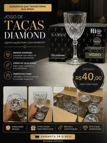 Jogo 6 Taças Diamond de Vidro 340ml - Novo | R$ 40