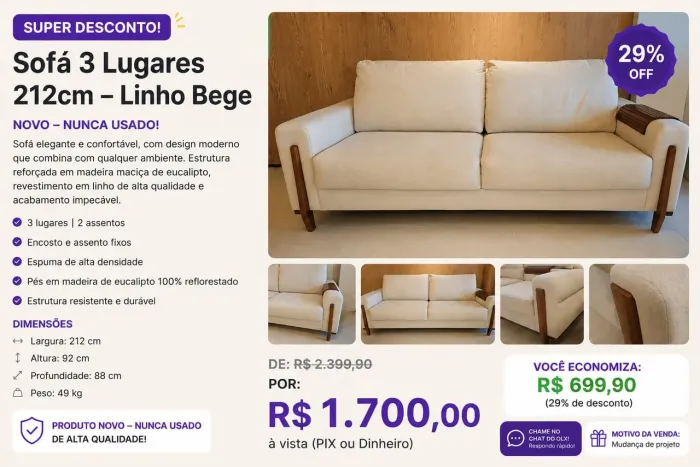 Sofá Heeval 3 lugares, Novo. Nunca usado.