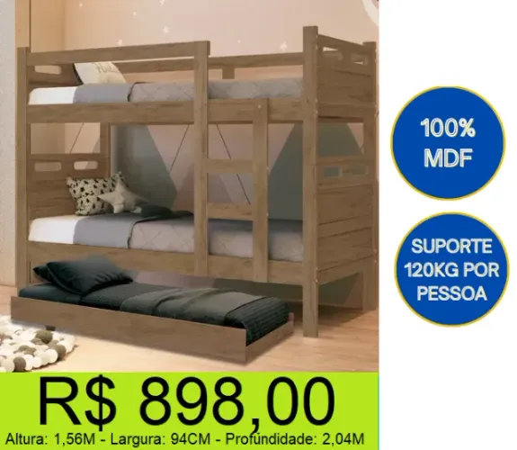 BELICHE - DISPONIVEL EM 2 CORS - COM CAMA AUXILIAR - 100% MDF - RETIRE HOJE MESMO