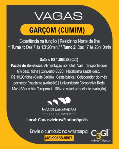 Vaga: Garçom (Cumim) - Bairro: Canasvieiras
