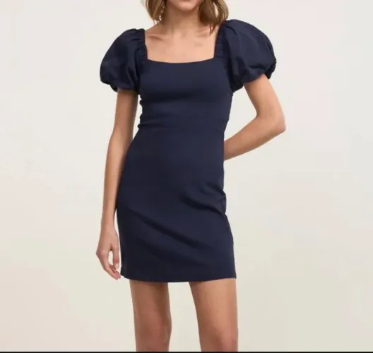 Vestido curto bengaline manga bufante azul marinho