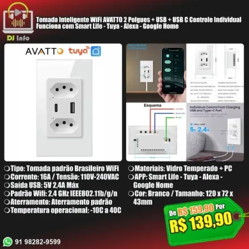 Tomada Inteligente WiFi AVATTO 2 Polgues + USB + USB C Controle Individual
