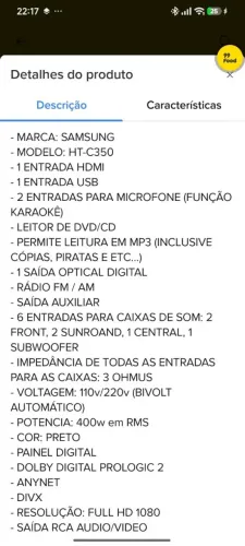 Aparelho De Dvd/cd Receiver Samsung Ht-c350 Hdmi Usb Fm