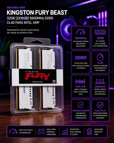 Memória RAM Kingston Fury Beast, 32GB (2X16GB), 5600MHz, DDR5, CL40,para Intel XMP, Branco