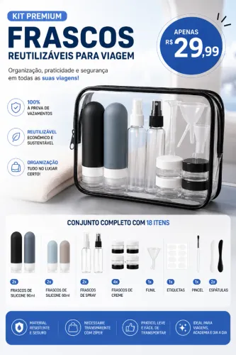 Kit Premium de Frascos Reutilizáveis para Viagem com Necessaire Transparente