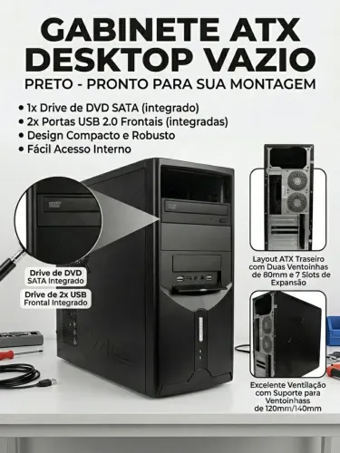 Gabinete ATX Desktop Vazio Preto Inclui Drive DVD Sata Preto, Drive Frontal 2x USB, Falta*