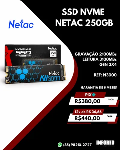 SSD NVMe Netac 250GB PCIe Gen3x4 M.2