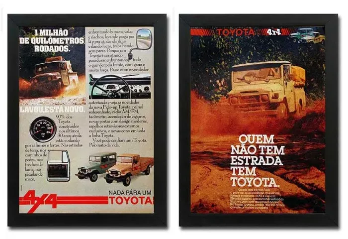 Toyota Bandeirante - Kit de 2 quadros decorativos com propaganda original de revista