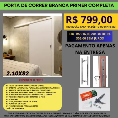 Porta de Correr Branca primer completa modelo pc5 2.10x62 - frete a/c pagamento na entrega