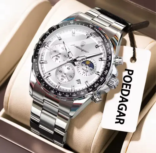 Relógio elegante fino com cronógrafo, data e fase do dia - Novo na caixa