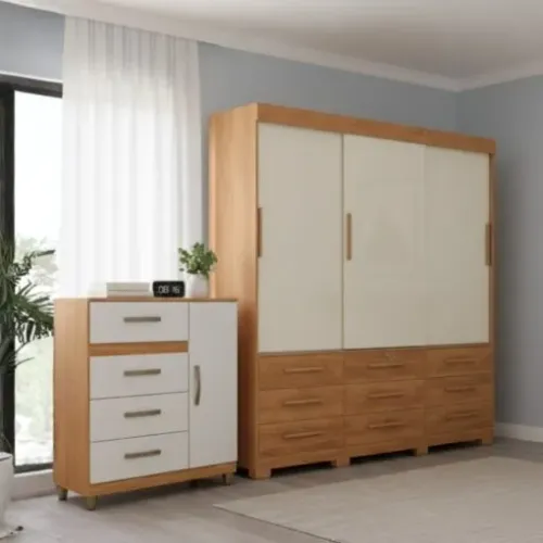 Kit + frete incluso!! Roupeiro 3 Portas Toronto + Cômoda 4 Gavetas com Sapateira Leme CO24