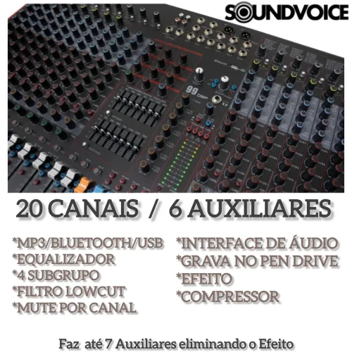 Mesa de Som Profissional Soundvoice 20 Canais, 6 Auxiliares mm