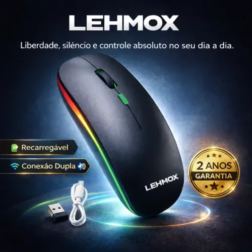 Mouse Sem Fio Bluetooth Recarregável Lehmox - Novo, Silencioso e RGB (Não usa pilha)