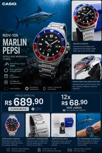 Relógio Casio diver 200 metros marlin mdv 106 bracelete novo