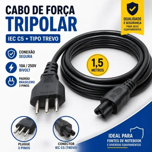 Cabo de Força Notebook Tripolar Trevo Mickey C5 1,5m 10A Novo - Fonte Dell HP Acer