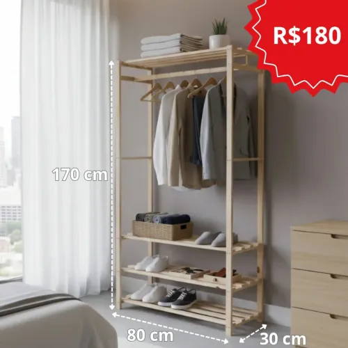 Arara Simples cabideiro prateleira closet aberto armário roupeiro guarda-roupa móvel pinus