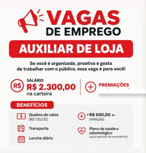 Vagas vendedora e auxiliar de loja/caixa