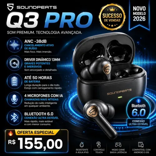 SoundPEATS Q3 Pro ANC: Bluetooth 6.0, Graves Potentes, Até 50h, Cancelamento de Ruído