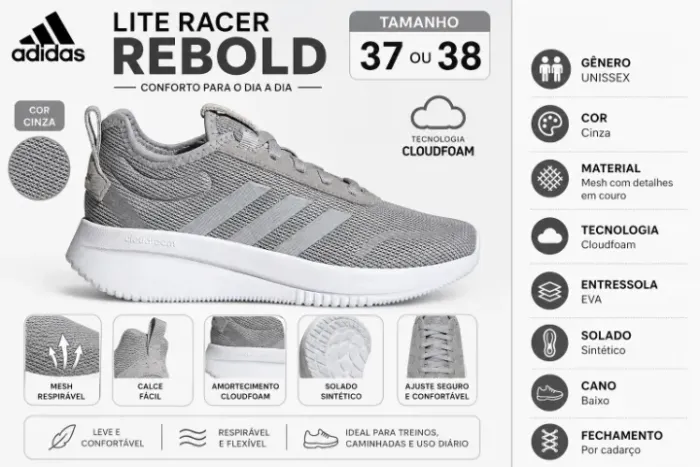 Tênis Adidas Lite Racer Rebold Cinza Unissex 37 ou 38