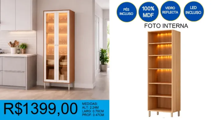 Paneleiro/ cristaleira com vidro reflecta e led - entrega e montagem gratuita