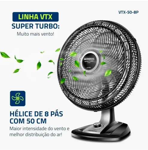 MONDIAL Ventilador 50cm Super Turbo 8 Pás, Preto/Prata,<br><br>150W, 110V - VTX-50-8P *Novo