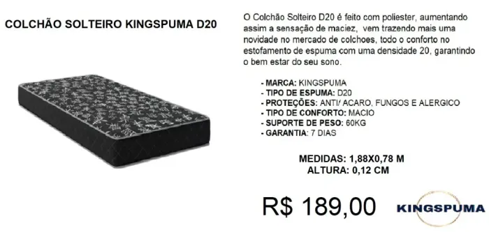 Colchão solteiro kingspuma  d20 - frete gratuito!