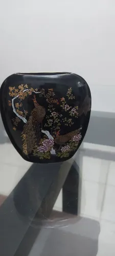 Antigo Mini Vaso Porcelana Japonesa Asahi 11cm -Pavao e Ouro