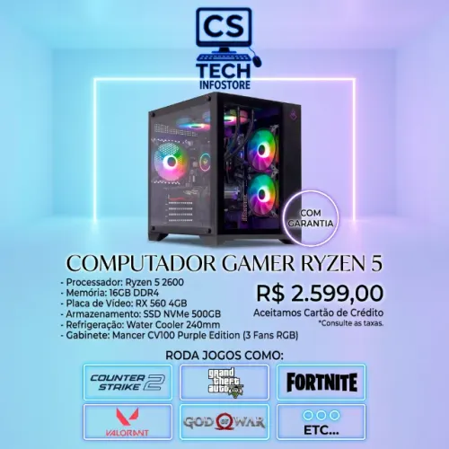 PC Gamer Ryzen 5 2600 | 16GB RAM | RX 560 4GB | SSD 500GB NVMe