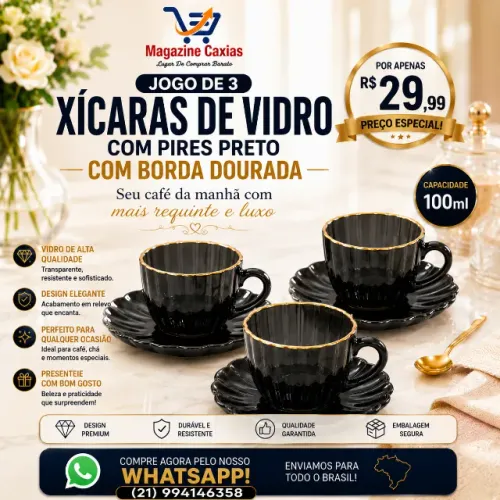 Jogo de 3 Xicaras com Pires em Vidro Preto com Borda Dourada Luxo na sua Cozinha