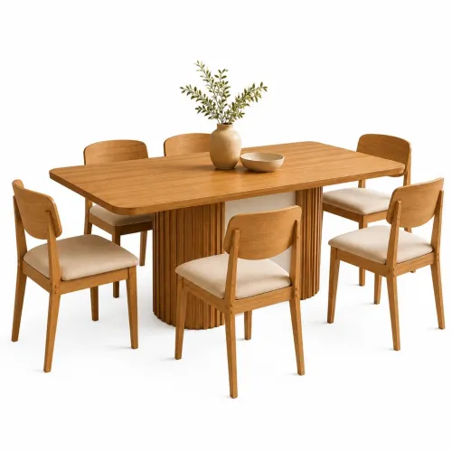 Mesa Jantar Base Ripado Naturale com 6 Cadeiras tt43