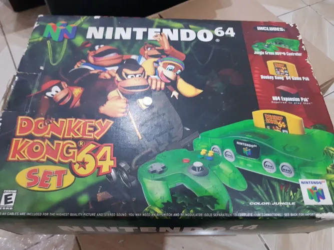 Nintendo 64 jungle green kiwi dk64 set completo cib com expansion pak