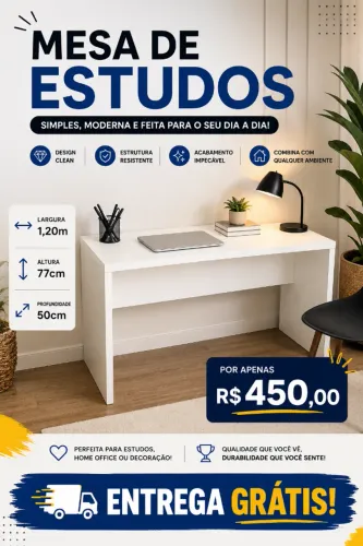 Mesa Escrivaninha Branca 1,20m - Qualidade e Estilo - Entrega Grátis