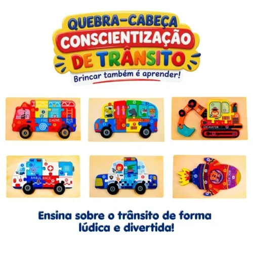 KIT Quebra-Cabeça Infantil Madeira Consciência no Trânsito Educativo Brinquedo Pedagógico