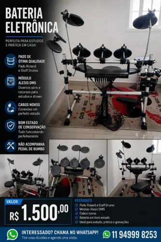Bateria eletrônica. Pads Roland e staff drum. Módulo Alesis Dm5