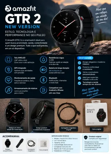 Smartwatche Amazfit GTR 2 New Version 46mm + Caixa, pulseira e Carregador Original